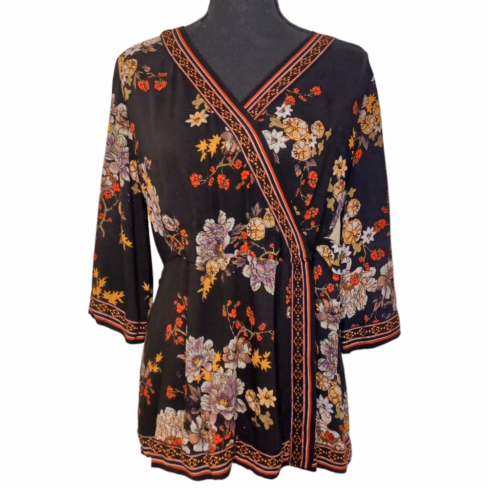 Soft Surroundings Floral Surplice Kimono Blouse Top Women's Sz Med